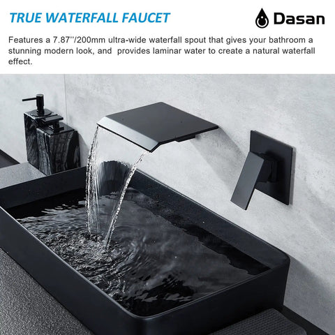 Slick Matte Black Wall Mount Waterfall Bathroom Faucet In Wall Sink Faucet Single Handle Wall Mounted Modern Faucet