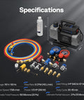 A2L HVAC Vacuum Pump and Manifold Gauge Kit, 1/3 HP 5 CFM Single-Stage Evacuation With 5ft Hoses, Sparkless Motor in specifications view