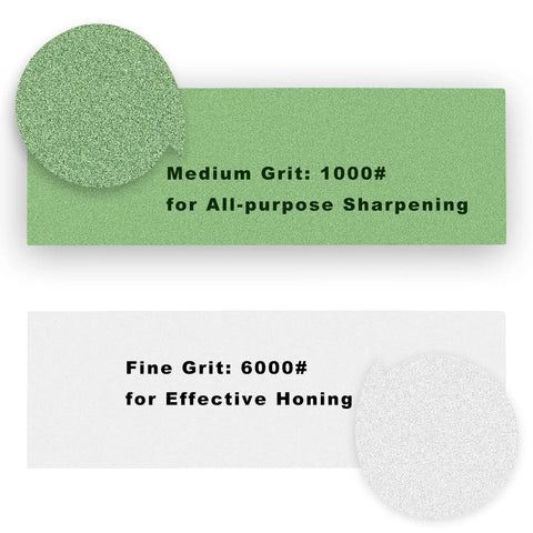 Text showing Two Sided Whetstone Knife Sharpener With 1000 And 6000 Grit Wet Stone Kit For Kitchen Knives emphasizing grit levels