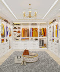The Real Deal Walk In Closet Organizer System Featuring Four Modular Units, nine sturdy drawers, and a crisp white finish.