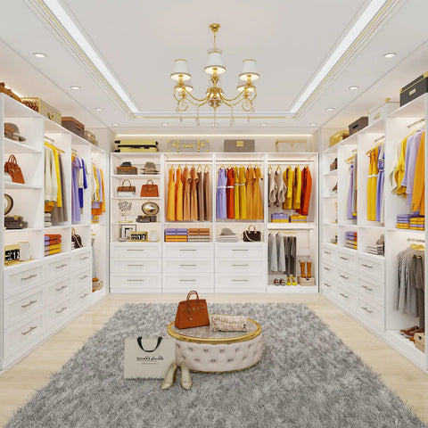 The Real Deal Walk In Closet Organizer System Featuring Four Modular Units, nine sturdy drawers, and a crisp white finish.