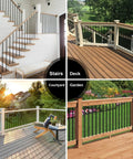 No Sweat Setup 100 Pack 26 Inch Round Aluminum Deck Balusters, Three Quarter Inch Diameter Black Anodized Stair Spindles, Heavy Duty Railing Kit With Mounting Hardware For Quick Backyard Makeovers, showcasing stairs and deck.