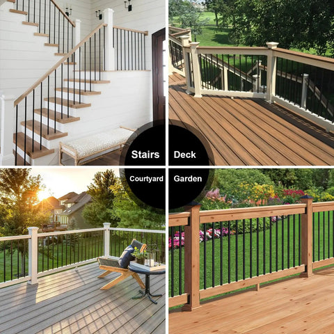 No Sweat Setup 100 Pack 26 Inch Round Aluminum Deck Balusters, Three Quarter Inch Diameter Black Anodized Stair Spindles, Heavy Duty Railing Kit With Mounting Hardware For Quick Backyard Makeovers, showcasing stairs and deck.