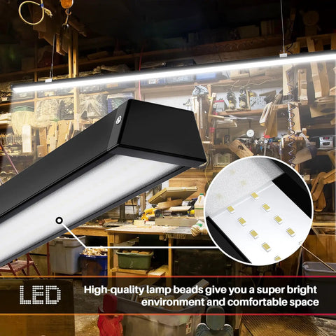 Black 8ft LED Shop Light, 100W 12500lm, 5000K Daylight, Super Bright and Energy Efficient, dual mount, in workshop setting.