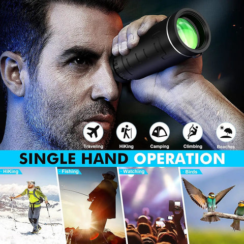 40x60 Monocular Telescope With Phone Adapter And Carry Case High Powered Compact Monocular For Wildlife Watching, Hunting, Camping, Travel And Outdoor Adventures. Single-hand black monocular used for hiking, camping, fishing and bird watching.