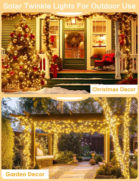 Two Pack 66ft Outdoor Solar String Lights With 200 LEDs Waterproof Copper Wire 8 Modes Warm White Twinkle Lights for Garden Patio