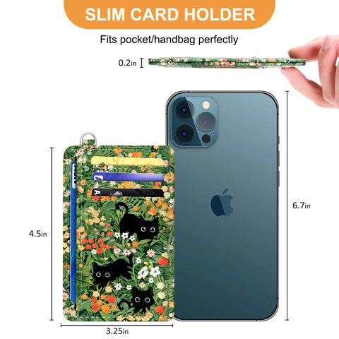 Slim Cat Themed RFID Wallet For Women Front Pocket Card Holder With Cute Black Cat Design shown beside a smartphone for size comparison