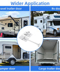 Rugged 6 Inch RV Door Latch Kit with T Style Trailer Door Holder against travel, RV, camper, and cargo trailer doors.