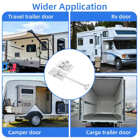 Rugged 6 Inch RV Door Latch Kit with T Style Trailer Door Holder against travel, RV, camper, and cargo trailer doors.