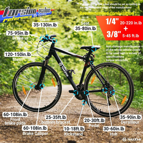 Diagram of a bicycle showing torque wrench specifications, highlighting various parts with torque values, such as stem and brakes.