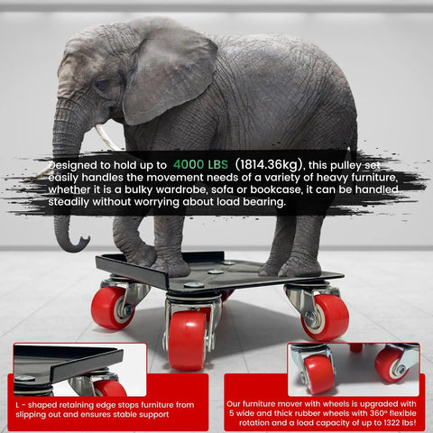 Dexmary Heavy Duty 1400 Lbs Furniture Dolly With 360 Swivel Wheels Movers Cart Featuring Five Rubber Casters For Transporting Safes, Sofas, Pianos And Fridges With Ease, showcasing an elephant on the cart.