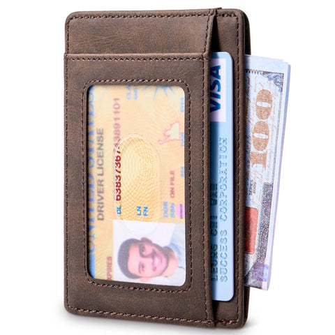 Ultra Slim Front Pocket Leather Wallet With RFID Blocking Minimalist Card Holder Only 0.12 Inch Thick Measures 3.1 X 4.4 Inches Perfect For Everyday Cashless Carry Use Everyday Essentials with visible card slots and cash compartment
