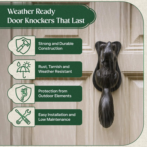 Black Cast Iron Squirrel Shaped Door Knocker With Mounting Hardware on a wet door showing durability against weather.