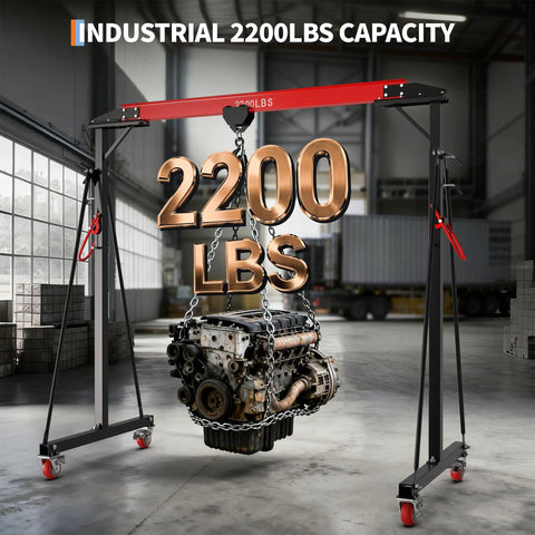 Hella Adjustable 1 Ton Gantry Crane, 2200 Lbs Portable Garage Hoist lifting an engine in a warehouse, showcasing strength and capacity.