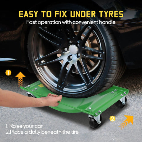 Hands positioning Pro Grade Heavy Duty Car Wheel Dolly Set Of Two For Maximum Vehicle Mobility 10000 Lb Capacity with tire in place