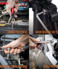 67 Piece SAE Auto Mechanic Tool Kit For Cars And Motorcycles With Sockets Ratchet Wrench Pliers And More Ideal For Garage Repairs And Quick Fixes That Holds Up In A Busy Shop being used for various automotive tasks.