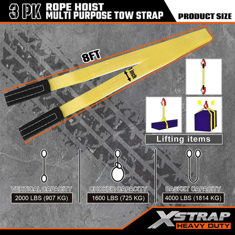 8 ft yellow web sling from Beefy Heavy Duty Rope Hoist Kit With 4000 Lb Break Strength 65 Ft Poly Rope Includes Two 8 Ft Lift Slings.