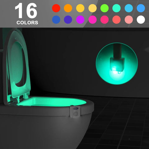 Toilet Night Light Motion Activated LED Glow in 16 Color Changing Options 2 Pack Flexible Neck shown illuminating toilet