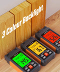 Wood Moisture Meter Handheld Digital Moisture Tester with LCD Display and Tri Color Backlight showing readings on wood samples.