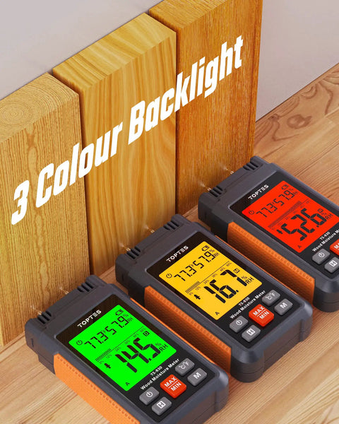 Wood Moisture Meter Handheld Digital Moisture Tester with LCD Display and Tri Color Backlight showing readings on wood samples.