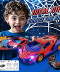 Spider Themed Remote Control Car With Dope Multicolor Flashing Lights Drift RC Toy For Kids Ages 3 Through 12, child holding toy car
