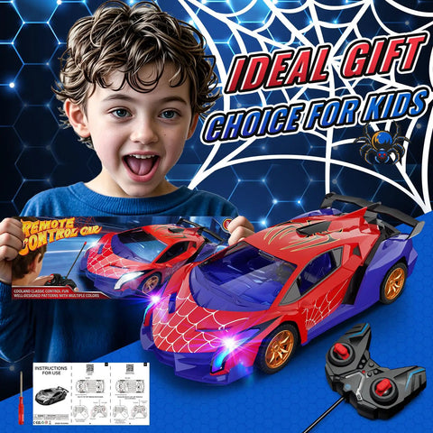 Spider Themed Remote Control Car With Dope Multicolor Flashing Lights Drift RC Toy For Kids Ages 3 Through 12, child holding toy car