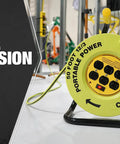 Heavy Duty Power Stations Cord Reel with 50 Foot 14/3 Gauge Cord Six Grounded Outlets Built In Circuit Breaker in garage.