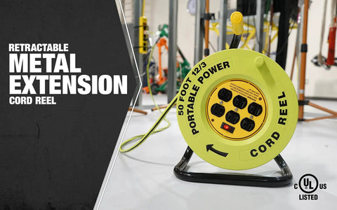 Heavy Duty Power Stations Cord Reel with 50 Foot 14/3 Gauge Cord Six Grounded Outlets Built In Circuit Breaker in garage.
