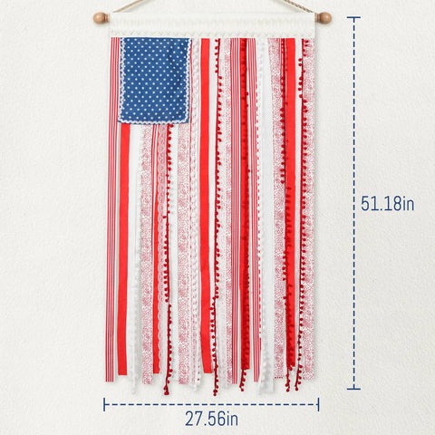 Vintage American Flag Rag Ribbon Banner For Fourth Of July Decor, Rustic 4x2.3 Ft, red and white stripes with blue stars