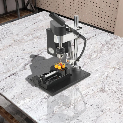 Mini Bench Drill Press With Seven Gear Variable Speed For Precise Drilling On Metal Wood Plastic And Acrylic on a work surface.