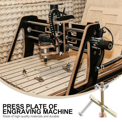 Beefy Hold Down Clamp Kit For Engraving Machines And CNC Milling Steel Router Clamps with 80mm aluminum press plates in use.