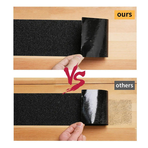 Comparison of Heavy Duty Anti Slip Grip Tape With 80 Grit For Indoor Outdoor Stairs and a competitor's product showing adhesive quality.