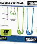 Backyard Gymnastics And Swing Set Kit With 36 Ft Slackline, Monkey Bars, Two Swings, Double Trapeze Bar, Two Gym Rings, components shown