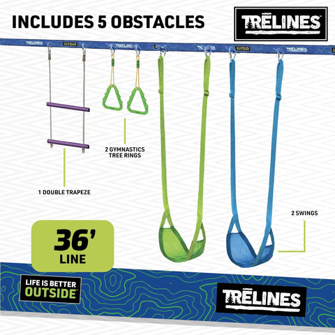 Backyard Gymnastics And Swing Set Kit With 36 Ft Slackline, Monkey Bars, Two Swings, Double Trapeze Bar, Two Gym Rings, components shown