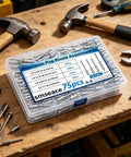 Heavy Duty Aluminum Blind Rivet Kit 75 Pcs 1/4 Inch Pop Rivets assortment on workbench with tools