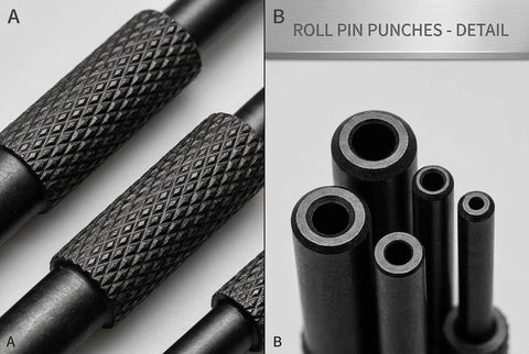 Close-up of Roll Pin Starter Punch Set For AR Builds Four Starter Punches In Sizes One Sixteenth Five Sixty Fourths Three Thirty Second And One Eighth Inches Heat Treated Steel With Black Finish Keeps Pins In Place During Installation