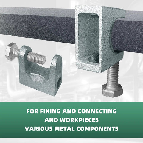 Heavy Duty Zinc Plated Steel Beam Clamp 1 Inch Jaw Opening Fits 1/2 Inch Threaded Rod 8 Pack Rust Resistant attached to I beam.