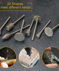 Pro Grade Diamond Burr Set For Rotary Tools 32Pc 1/8 Inch Shank Grinding And Engraving Bits displayed with usage examples