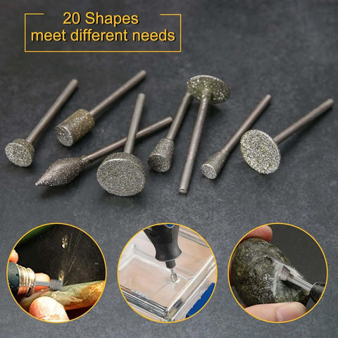Pro Grade Diamond Burr Set For Rotary Tools 32Pc 1/8 Inch Shank Grinding And Engraving Bits displayed with usage examples