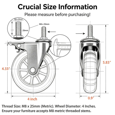 Badass 4-Inch Crystal Clear Caster Wheels With Brake M8x25mm Stem dimensions showing 4 inch diameter and M8 thread for utility carts.