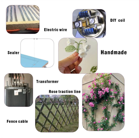 Collage showing uses for High Temp 80 Wire Pro Grade For Hot Wire Foam Cutter 110 Feet Of 28 Gauge Zero Point Three Millimeter Dia NiCr Alloy.