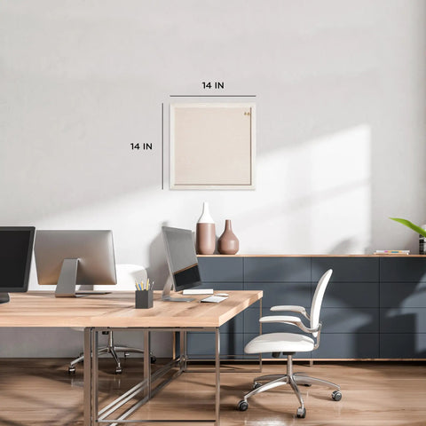 Rustic Linen Bulletin Board 14 By 14 Inch With White Wood Frame in modern office setting, on wall above desks