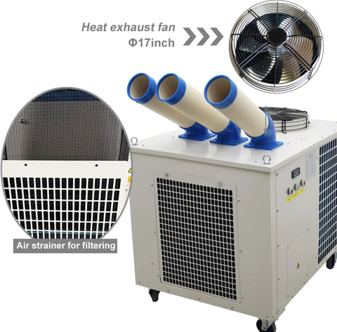 28900 Btu Industrial Spot Cooler And Portable Air Conditioner Slams Through Shop Heat With Massive Airflow And A Flexible Three Way Vent Layout To Keep Warehouses And Workshops Fresh All Day Long with three exhaust outlets and air strainer.