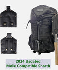 Battle Wolf Military Grade Survival Shovel attached to black backpack with molle compatible sheath, showing hardwood handle and steel head.