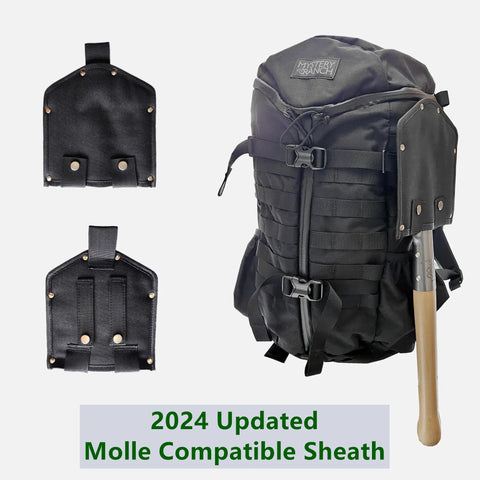 Battle Wolf Military Grade Survival Shovel attached to black backpack with molle compatible sheath, showing hardwood handle and steel head.