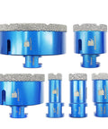 Pro Grade Diamond Core Drill Bit Set For Porcelain Tile Ceramic Marble Granite Drilling shown in 6 sizes, blue with diamond edges.