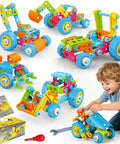 Six In One Stem Building Toys for kids aged four to eight with 118 colorful pieces including models and a child playing with a vehicle