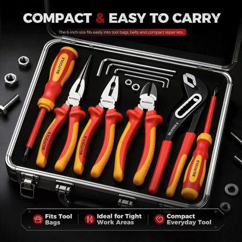Insulated Needle Nose Pliers, 6 Inch, 1000V VDE Certified, Cr V Steel, Long Narrow Jaws For Tight Spaces, Reaches Into Electrical Boxes And Dense Panels, Pro Grade Tool For Electricians And Wiring Bundles, shown in compact tool case