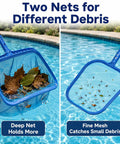 4 Piece All In One Pool Cleaning Kit With Heavy Duty Leaf Skimmer Net Deep Bag Skimmer Rotatable 90 Degree Scrub Brush And Wall Scrub Brush For Above Ground And Inground Pools Pole Not Included showing two nets in use, one with leaves and one with small debris.