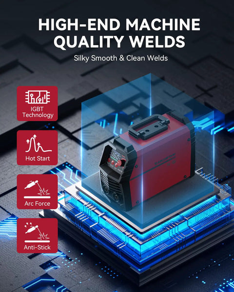 110V And 220V MMA Stick Welder With Large LED Display on circuit board showing IGBT technology, hot start, anti-stick features